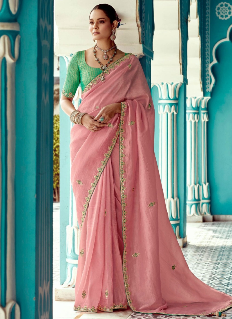 Pink Sangeet Glass Tissue Traditional Saree