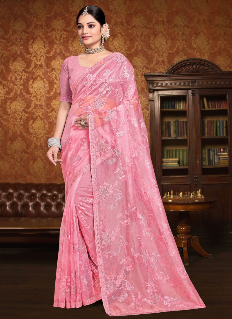 Pink Silk Resham Trendy Saree