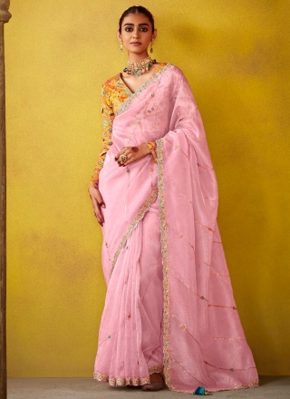 Pink Tissue Zari Traditional Saree