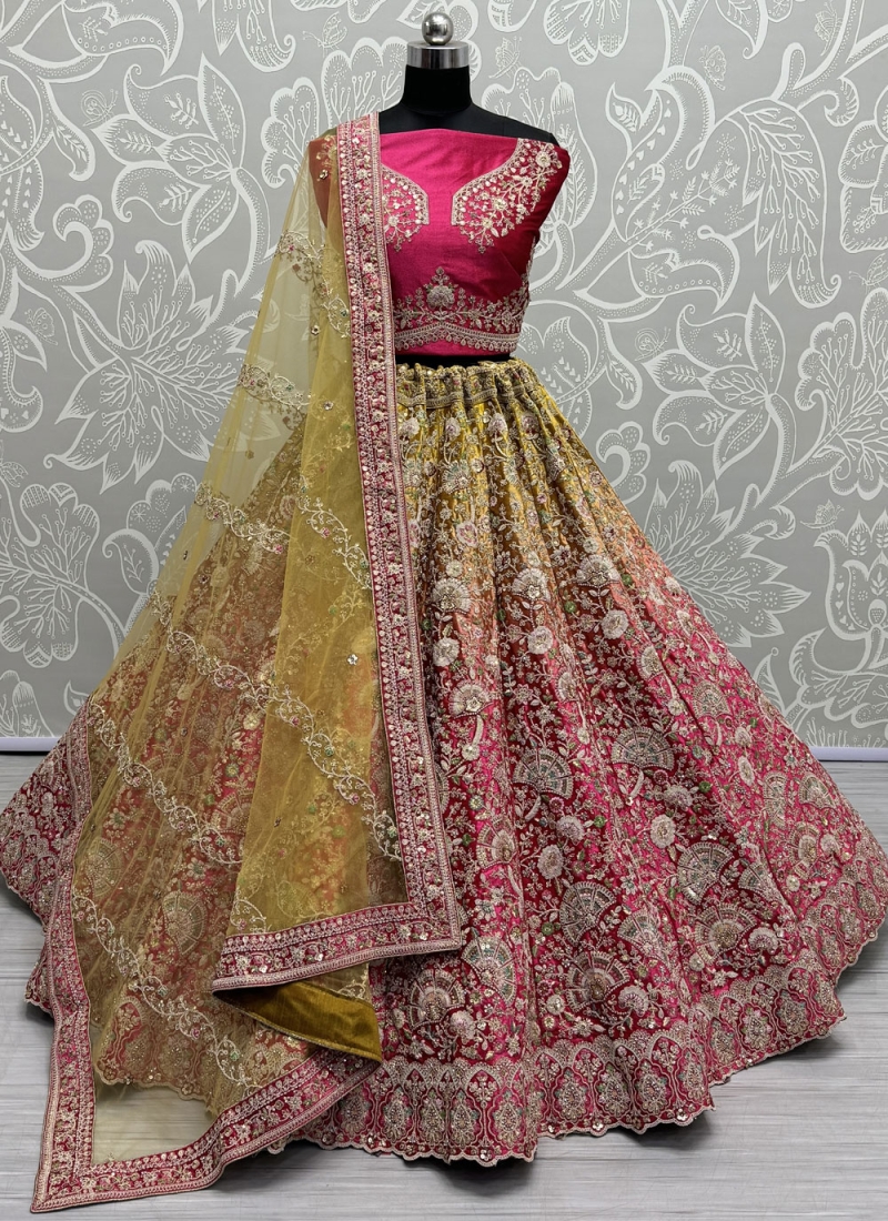 Piquant Mustard and Pink Dori Work Trendy Lehenga Choli