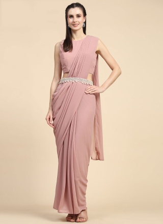 Plain Georgette Contemporary Saree in Peach and Pink