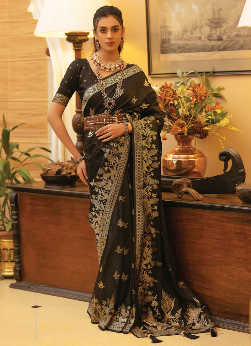 Pleasing Satin Black Saree