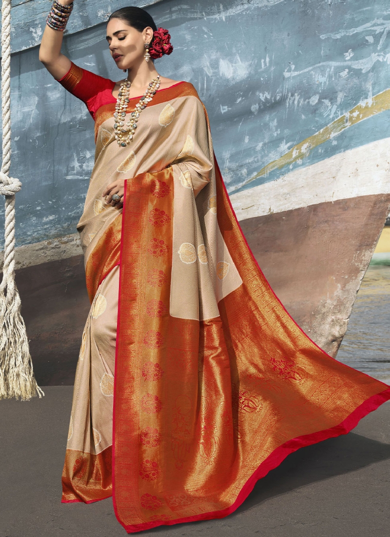 Buy Cream Red Brocade Silk Wedding Wear Stone Work Saree Online From  Wholesale Salwar.