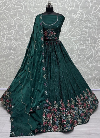 Precious Embroidered Chinon Green and Teal Lehenga Choli