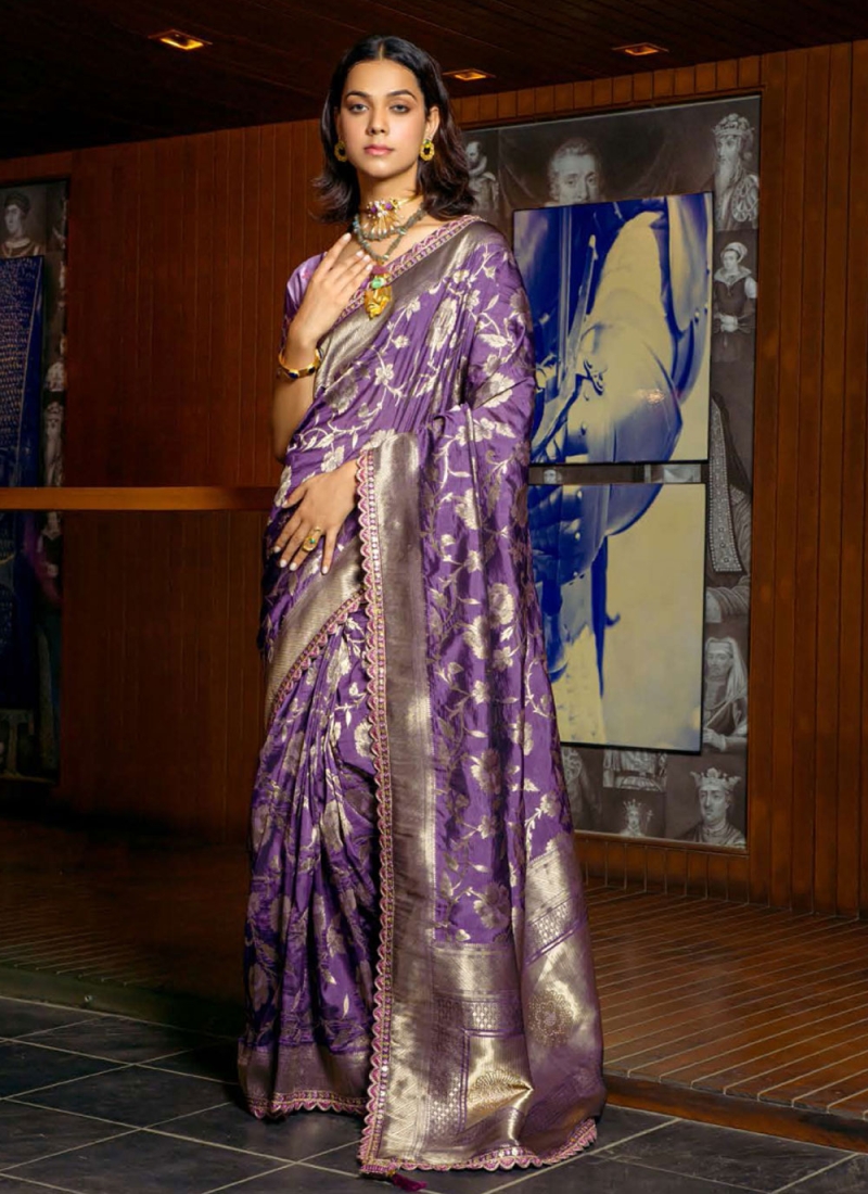 Preferable Embroidered Purple Silk Contemporary Saree