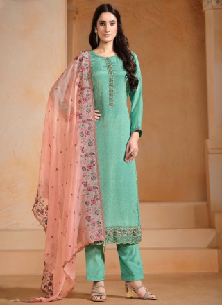 Preferable Swarovski Chiffon Turquoise Salwar Kameez