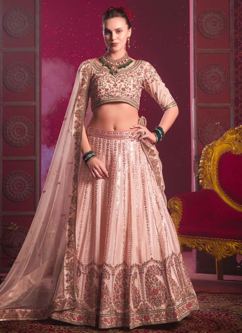 Prepossessing Pink Embroidered Silk Readymade Lehenga Choli