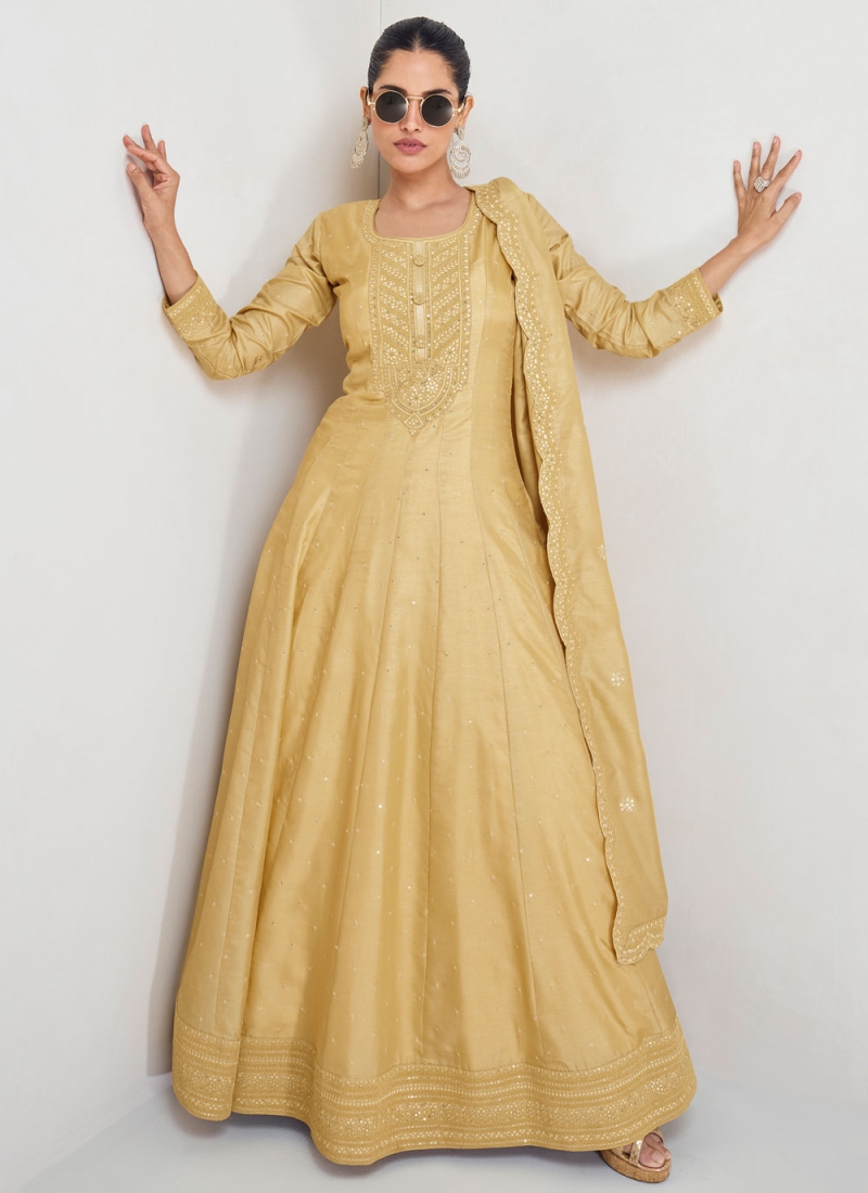 Prepossessing Yellow Sequins Silk Trendy Gown