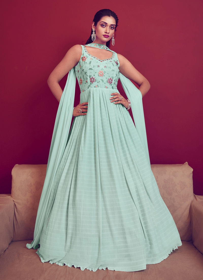 Pretty Aqua Blue Georgette Floor Length Trendy Gown