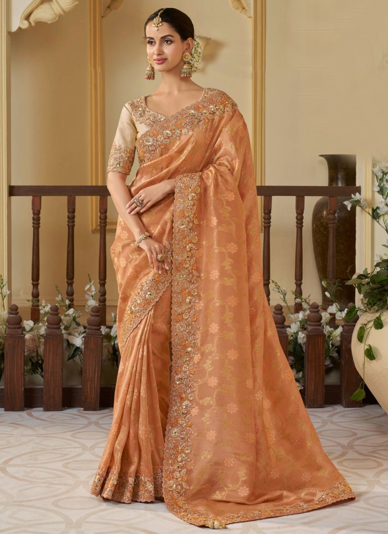 Pretty Viscose Brown and Orange Classic Saree