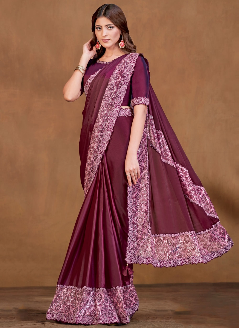 Prime Crepe Silk Wine Contemporary Saree