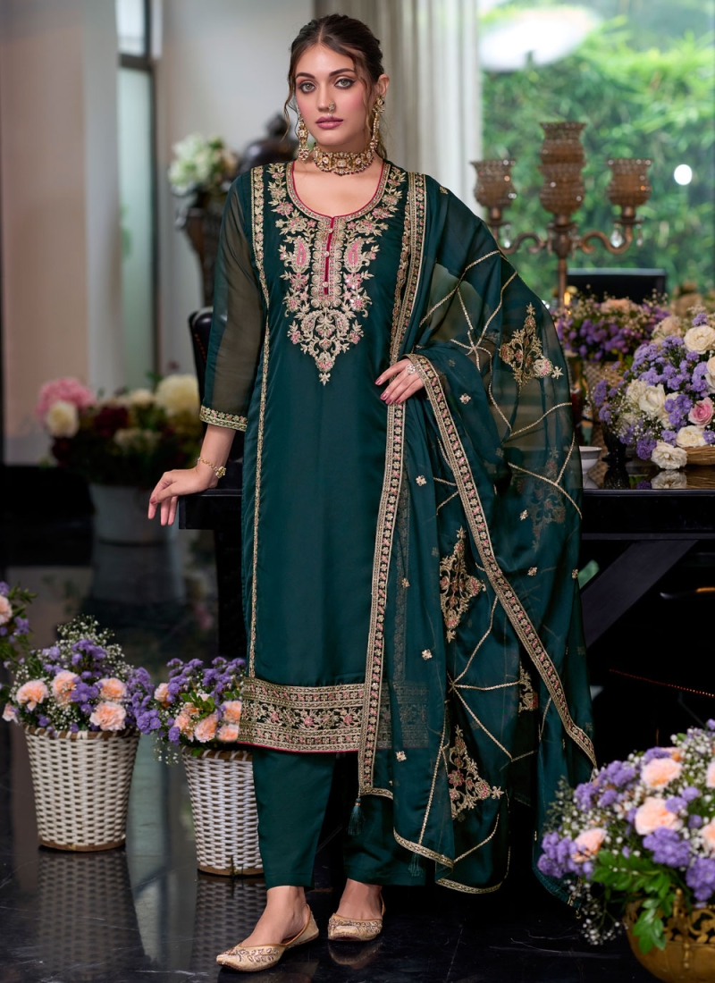 Princely Morpeach  and Teal Embroidered Designer Salwar Kameez