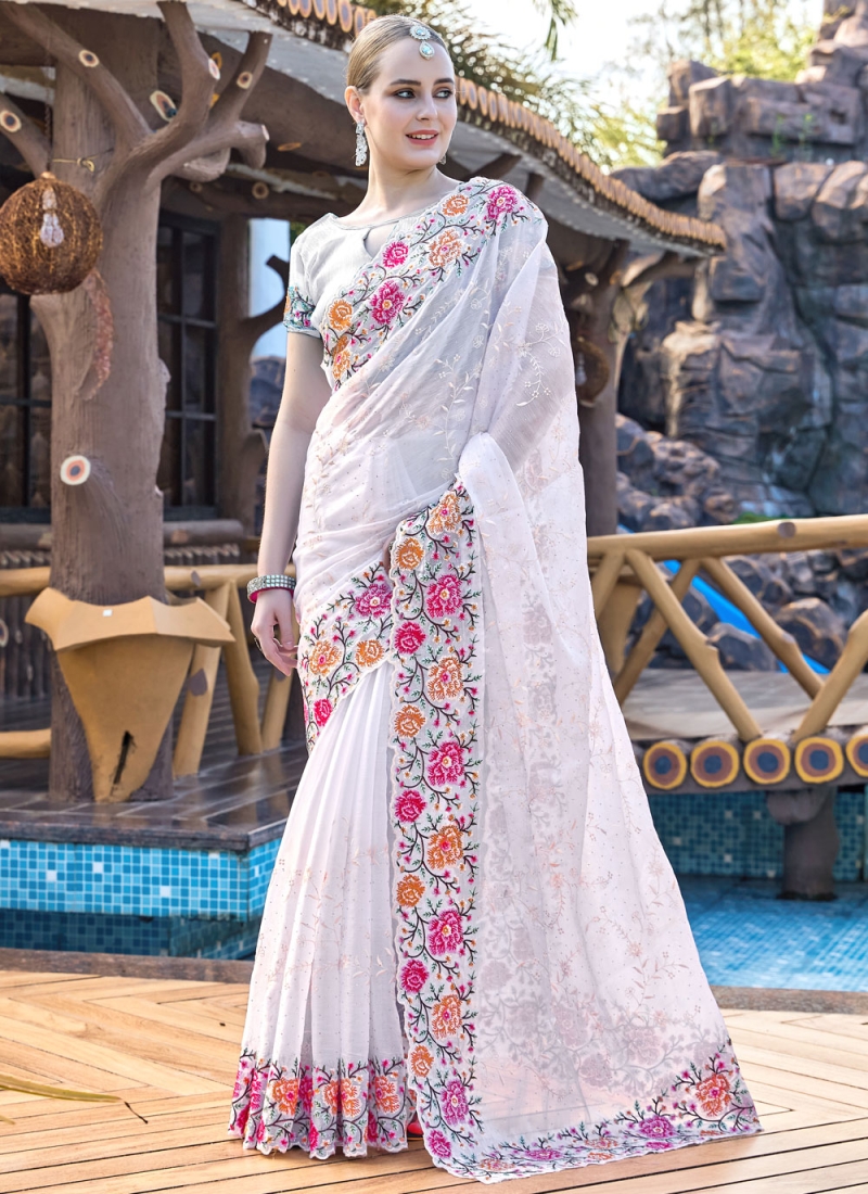 Princely Resham Jimmy Chu White Designer Saree