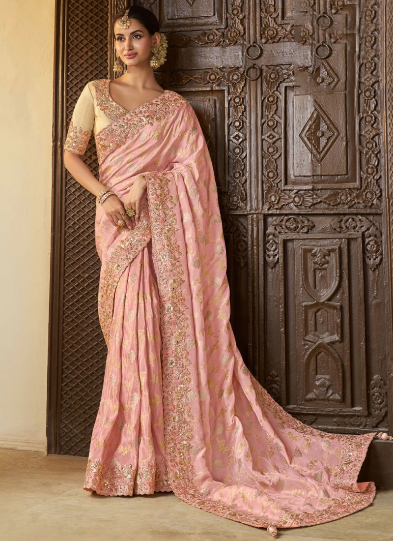 Princely Viscose Pink Embroidered Contemporary Saree