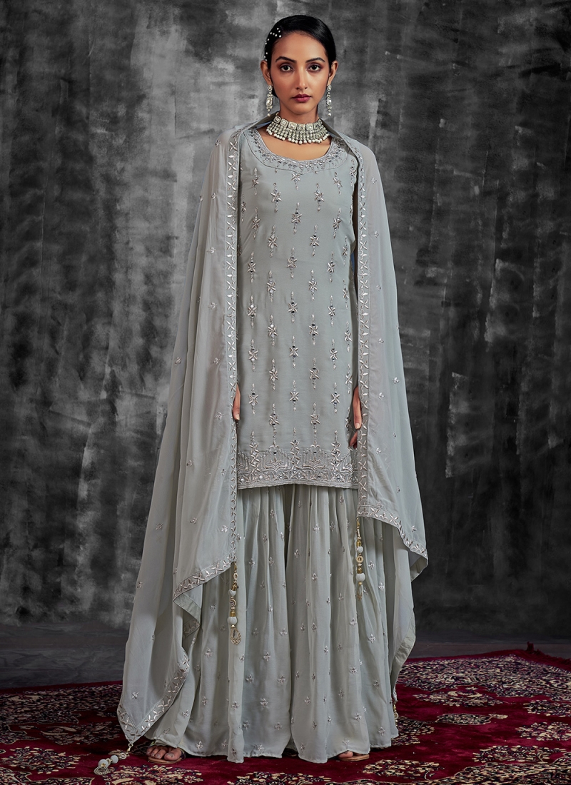 Palazzo Suits : White georgettte multi thread embroidery