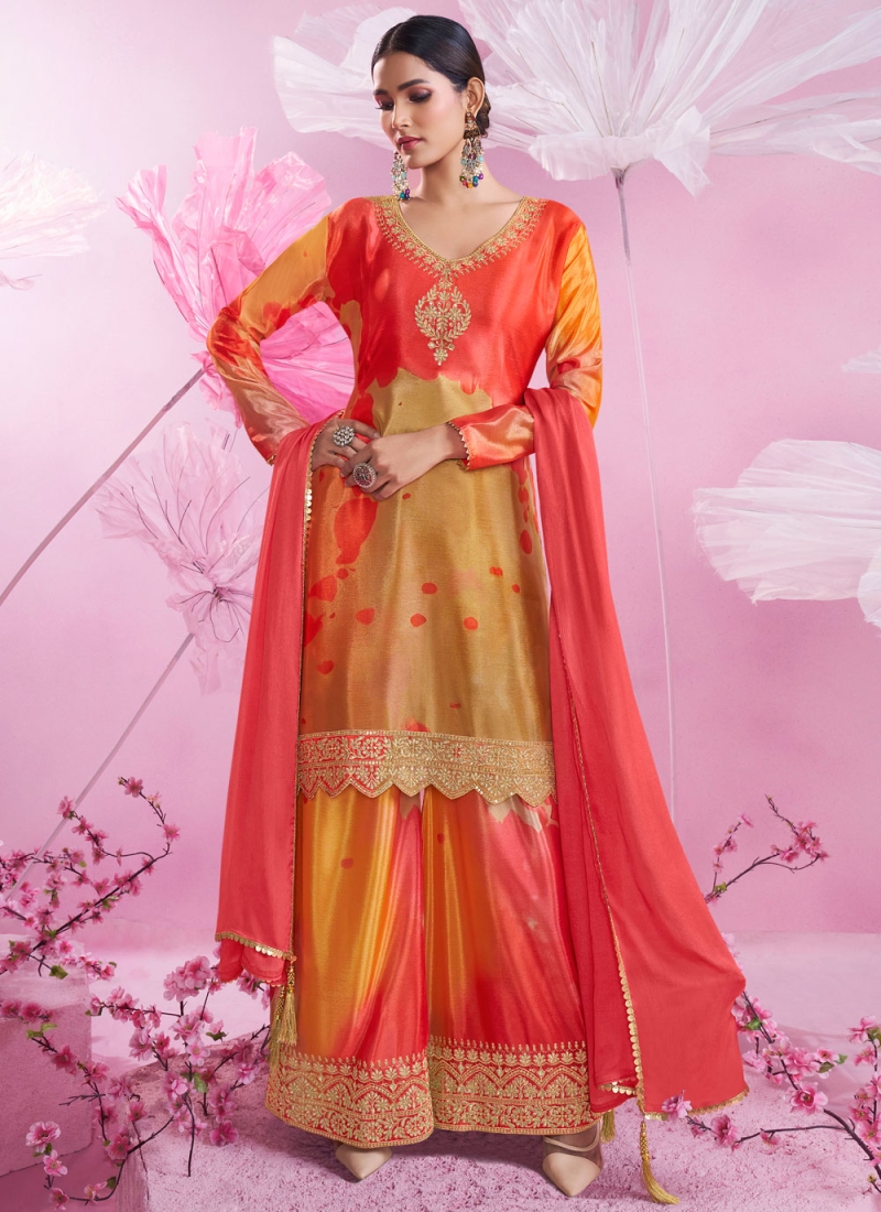 Print Silk Readymade Salwar Kameez in Multi Colour