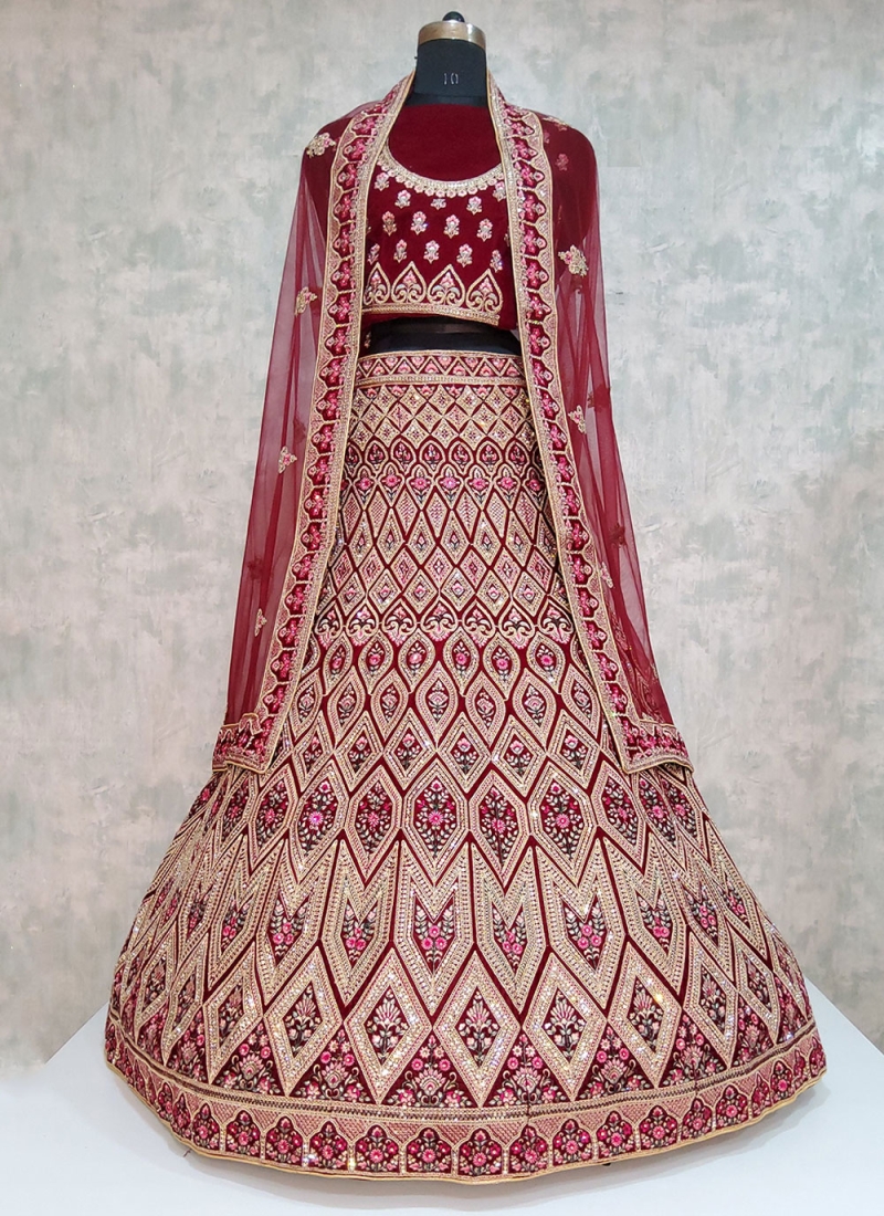 Pristine Maroon Embroidered Velvet Designer Lehenga Choli