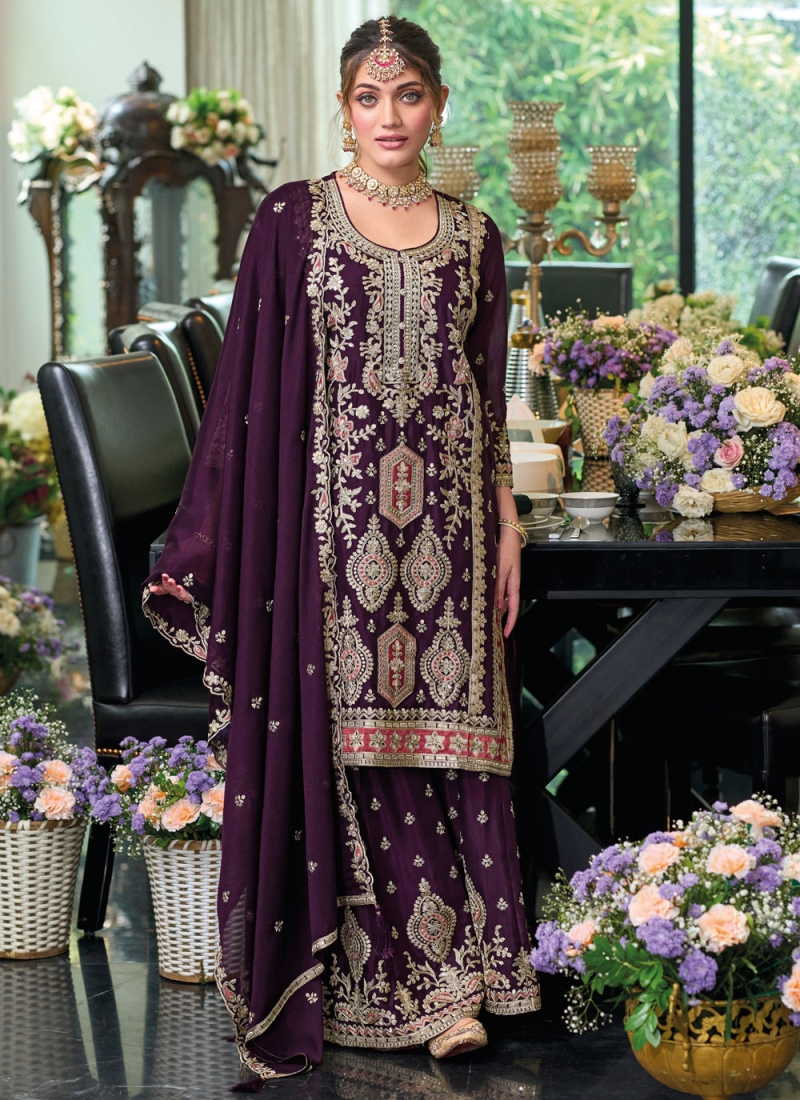 Prodigious Purple Chinon Trendy Salwar Kameez