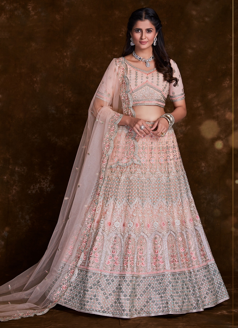 Prominent Net Zari Rose Pink Designer Lehenga Choli