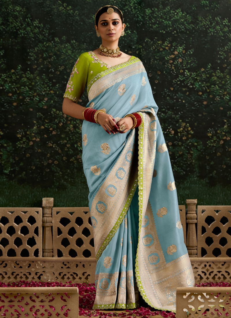 pure-dola Border Aqua Blue Designer Saree