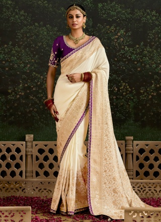 pure-dola Cream Embroidered Classic Saree