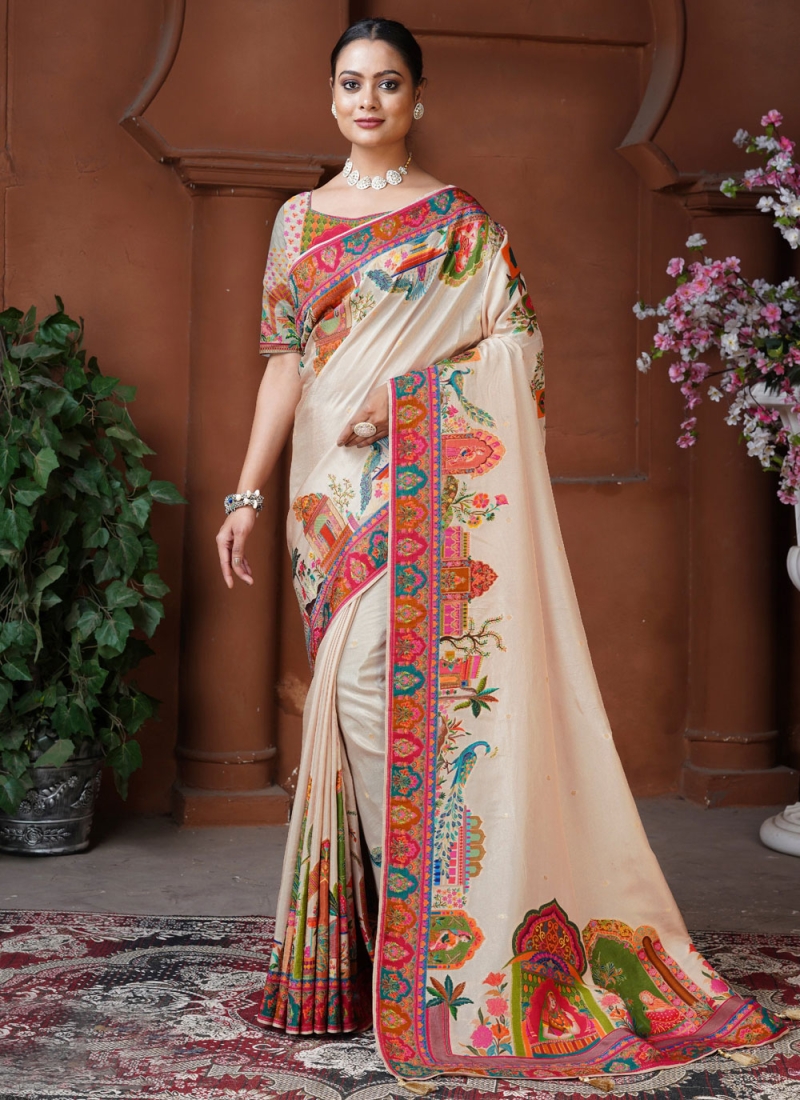 pure-dola Cream Fancy Classic Saree