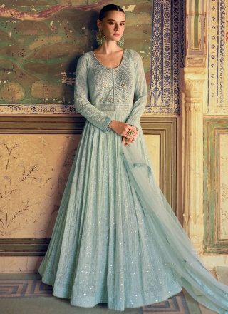 Pure Georgette Aqua Blue Sequins Readymade Floor Length Gown 