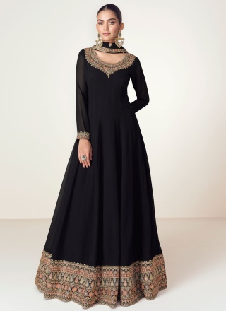 Pure Georgette Black Embroidered Floor Length Gown