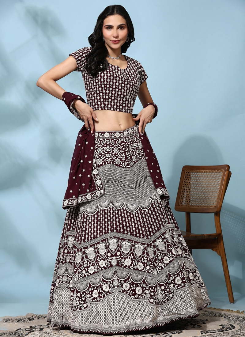 Pure Georgette Readymade Lehenga Choli in Wine