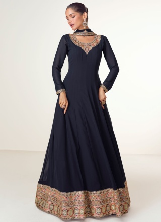 Pure Georgette Zari Navy Blue Designer Gown