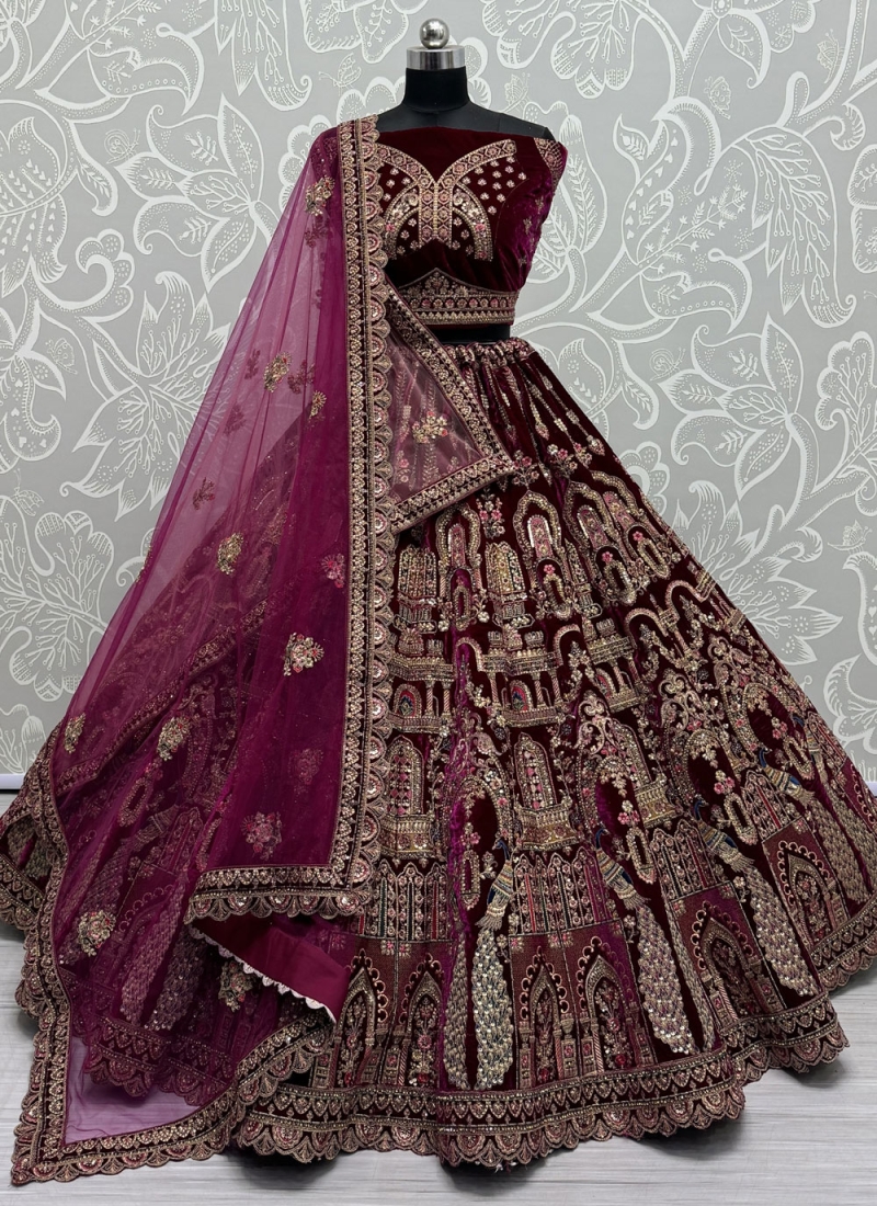 Purple and Rani Dori Work Velvet Designer Lehenga Choli