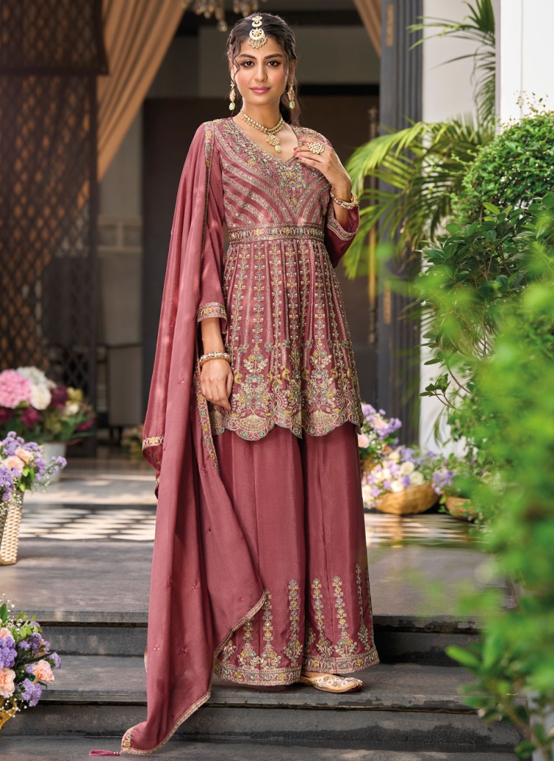 Purple and Rust Chinon Embroidered Readymade Salwar Kameez