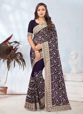 Purple Embroidered Designer Saree