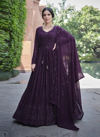 Purple Embroidered Georgette Readymade Gown