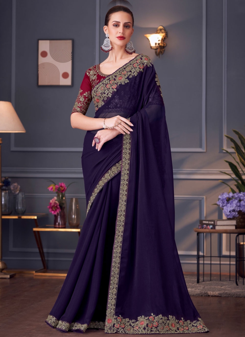 Purple Georgette Embroidered Classic Saree