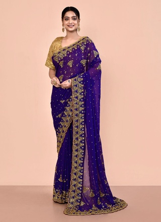 Purple Georgette Handwork Trendy Saree