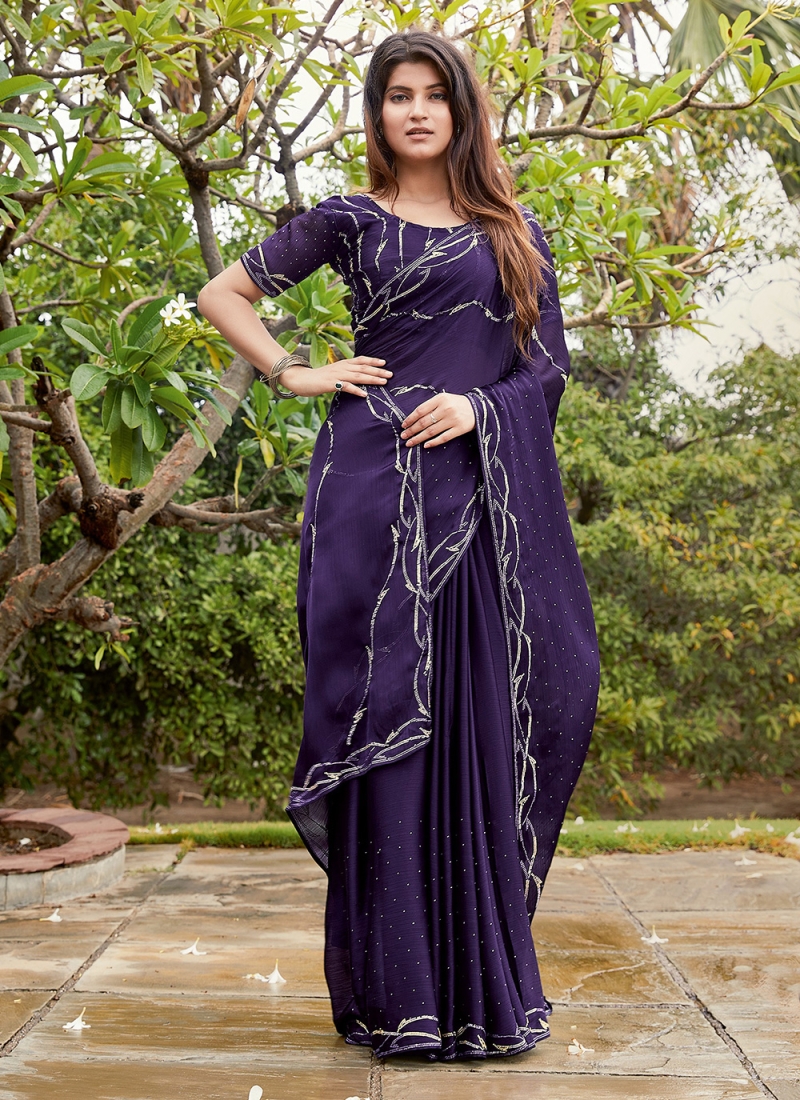 Lilac Satin Silk Saree With Black Unstitched Satin Silk Blouse