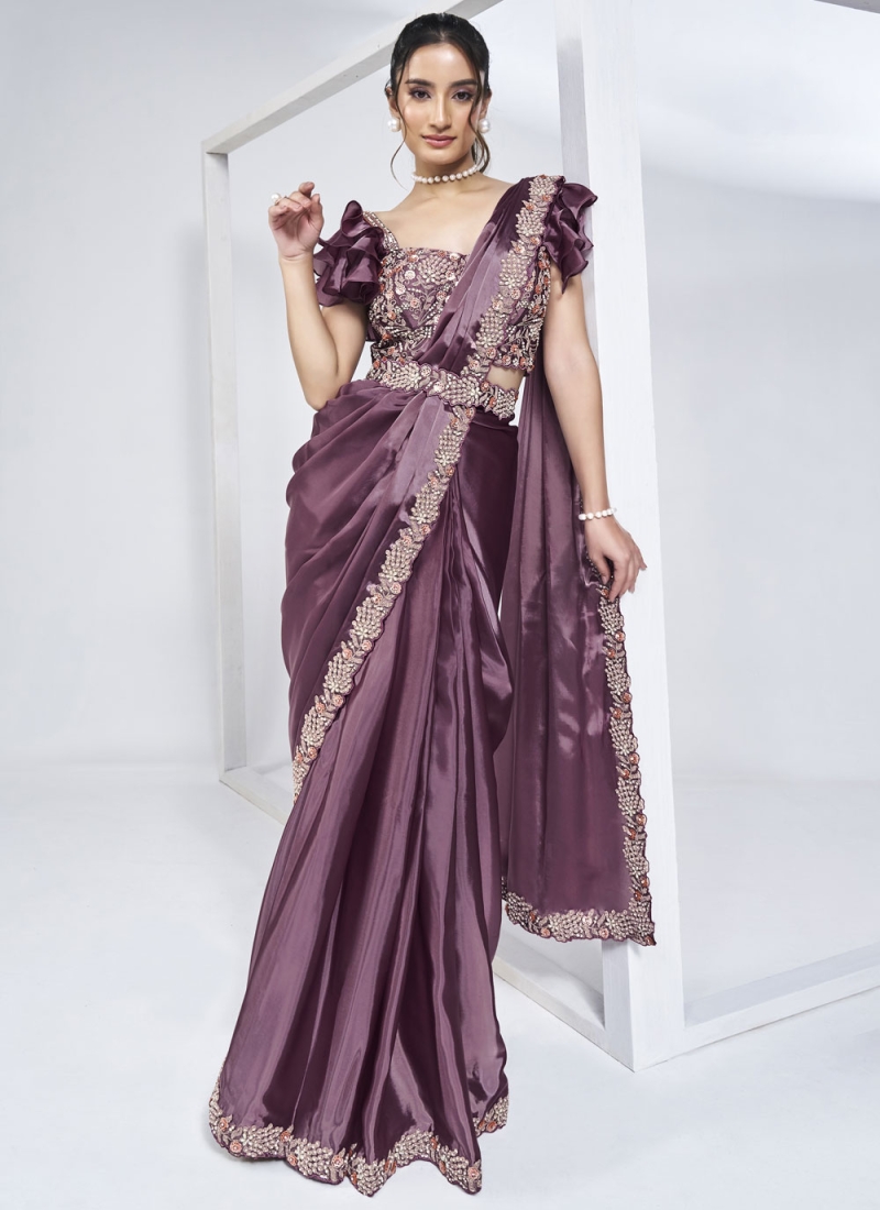 Purple Satin Silk Traditional Saree