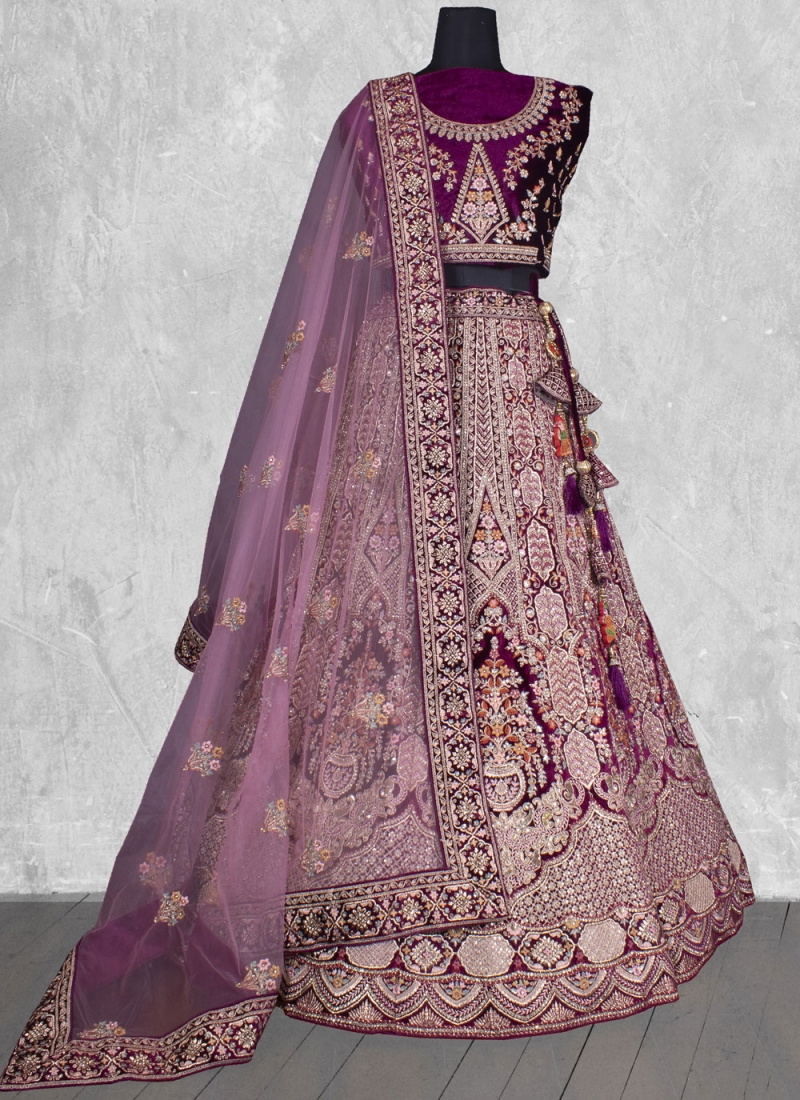 Purple Velvet Embroidered Designer Lehenga Choli