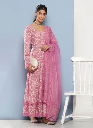 Radiant Pink Floral Print Cotton Palazzo Salwar Kameez