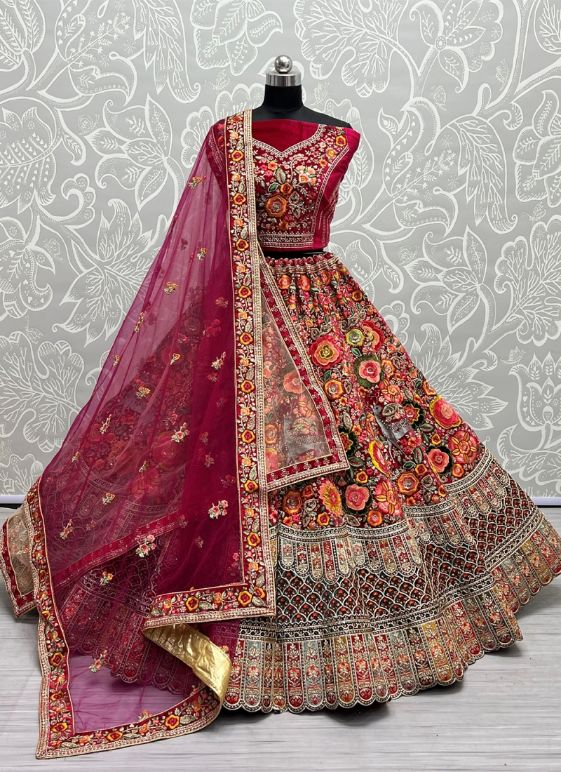 Classic Sangeet Wear Rani Color Lehenga Choli In Net Fabric