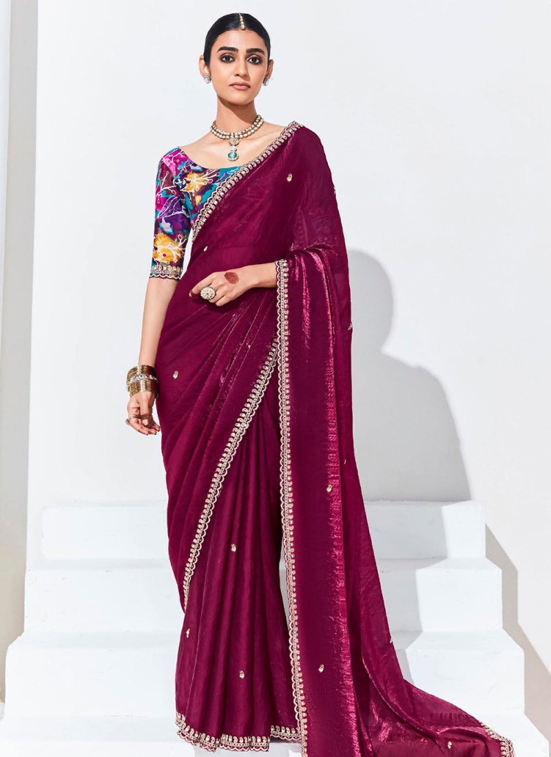 Rani Embroidered Contemporary Saree