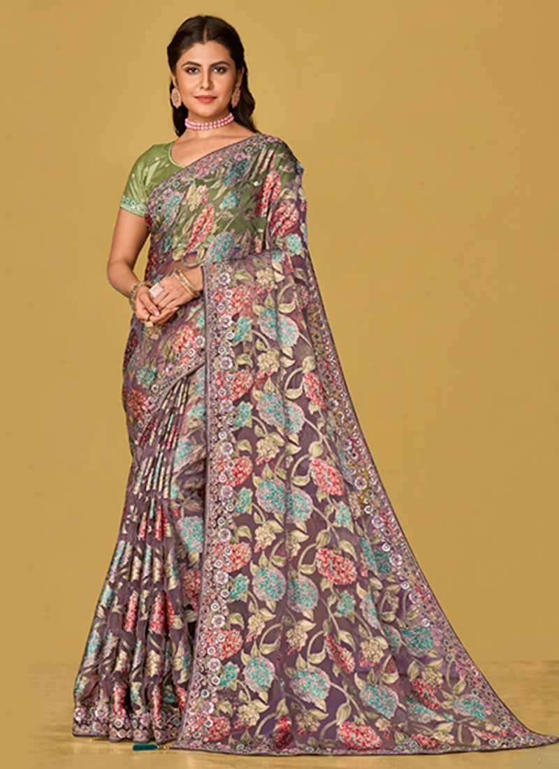 Ravishing Purple Embroidered Organza Trendy Saree