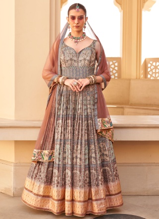 Readymade Gown Foil Print Silk in Brown