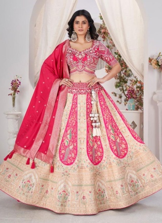 Readymade Lehenga Choli Thread Jacquard in Cream and Rani