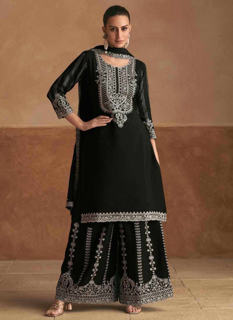 Readymade Salwar Kameez Embroidered Chinon in Black