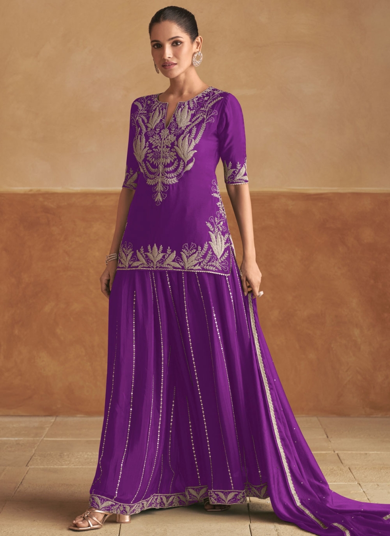 Readymade Salwar Kameez Embroidered Chinon in Violet