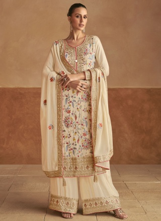 Readymade Salwar Kameez Sequins Chinon in Off White