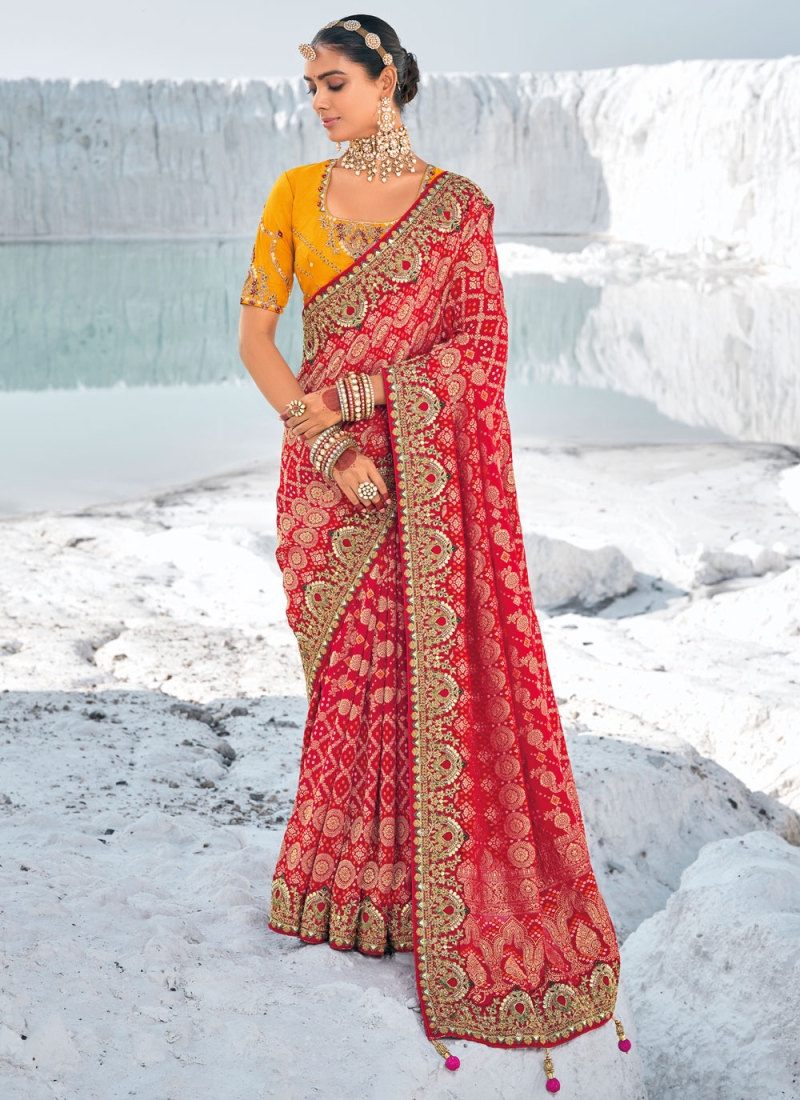 Red Embroidered Engagement Classic Saree