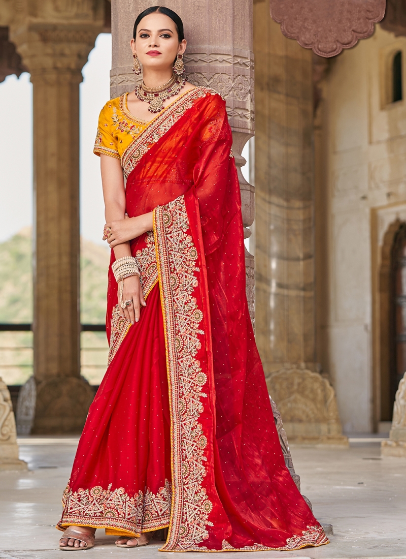 Buy Red Satin Saree With Satin Blouse Online - SARV05638 | Andaaz Fashion